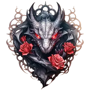Dark Dragon Head with Red Roses and Glowing Eyes