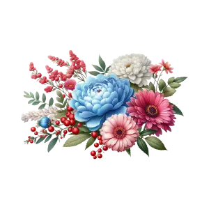 Colorful Floral Bouquet with Blue, Pink, White Flowers and Red Berries