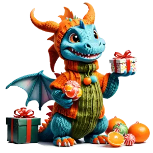 Cute Blue Dragon in Orange Sweater Holding Christmas Gifts