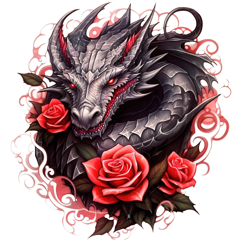 Dark Dragon Head with Red Roses and Ornate Swirls