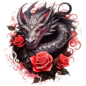 Dark Dragon Head with Red Roses and Ornate Swirls