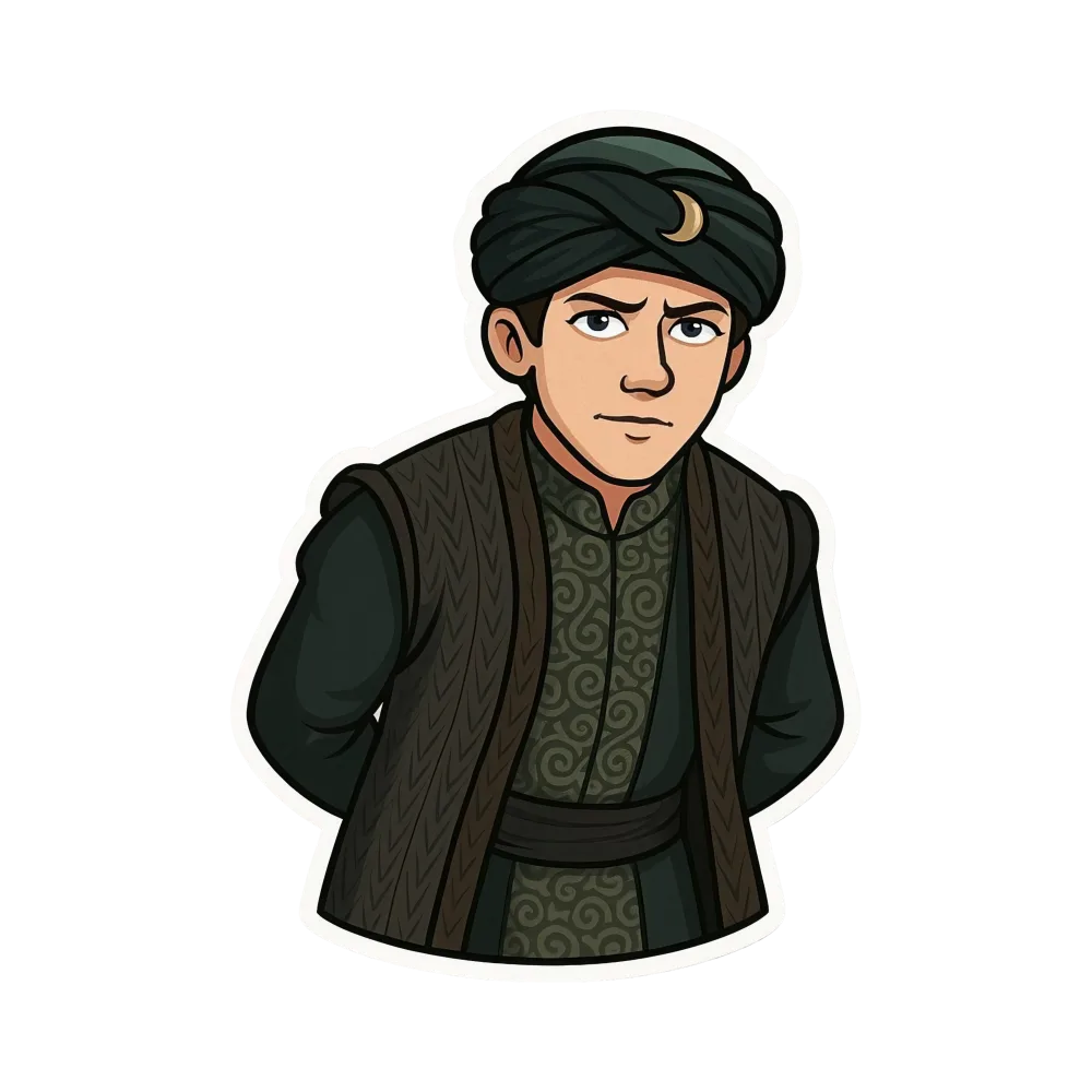 Cartoon Character in Dark Traditional Middle Eastern Clothing with Turban