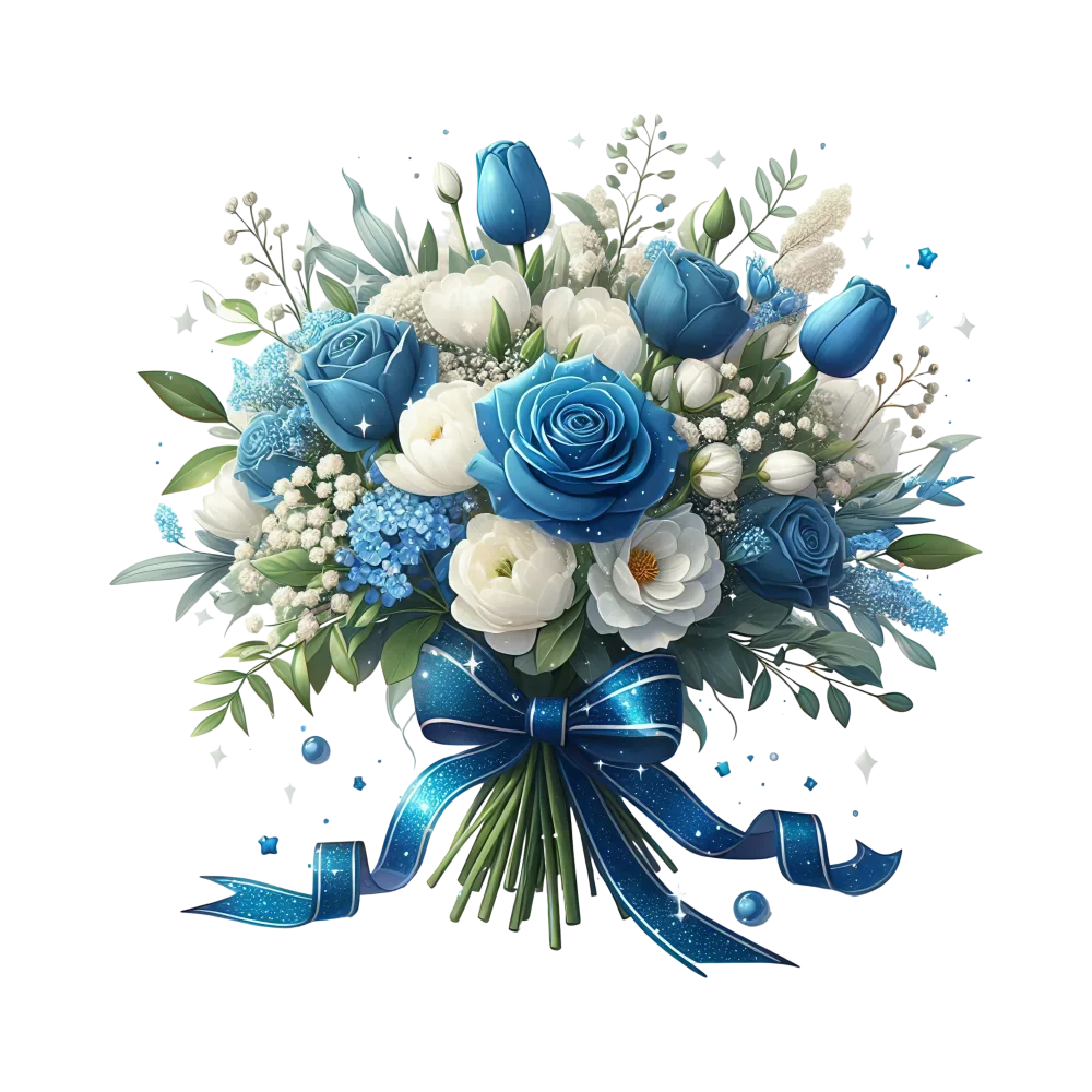 Blue and White Floral Bouquet with Sparkling Ribbon