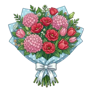 Colorful Floral Bouquet Wrapped in Blue Polka Dot Paper
