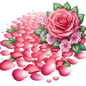 Pink Rose with Scattered Petals and Green Leaves