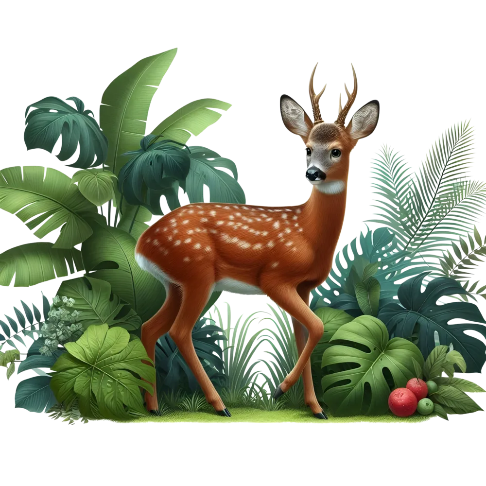 Young Deer with Antlers Standing Among Tropical Greenery