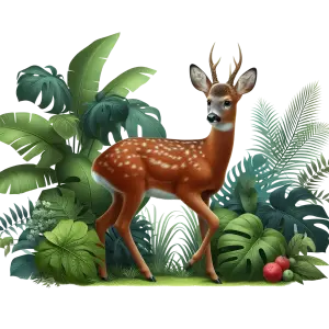 Young Deer with Antlers Standing Among Tropical Greenery