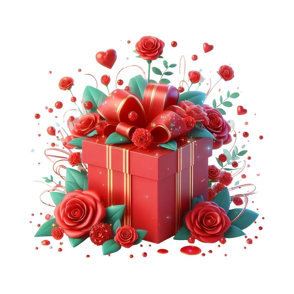 Red Gift Box with Roses and Ribbon Decoration