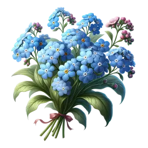 Bouquet of Blue Forget-Me-Not Flowers with Pink Buds and Green Leaves