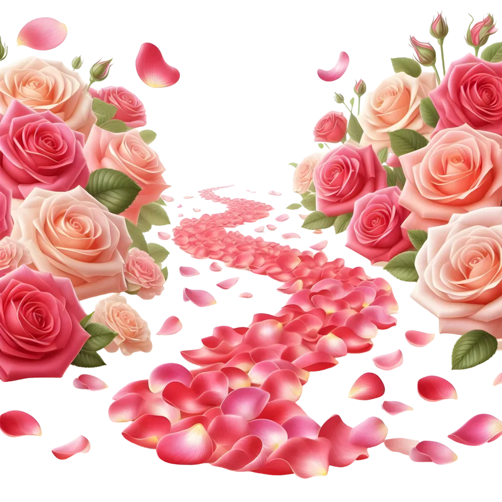 Pathway of Pink Rose Petals with Rose Flower Clusters