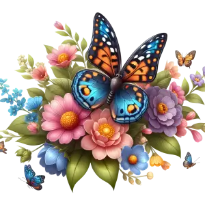 Colorful Butterflies on Multicolor Flower Bouquet
