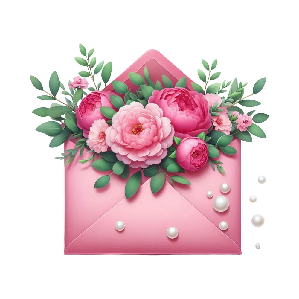 Pink Envelope with Pink Flowers and Green Leaves