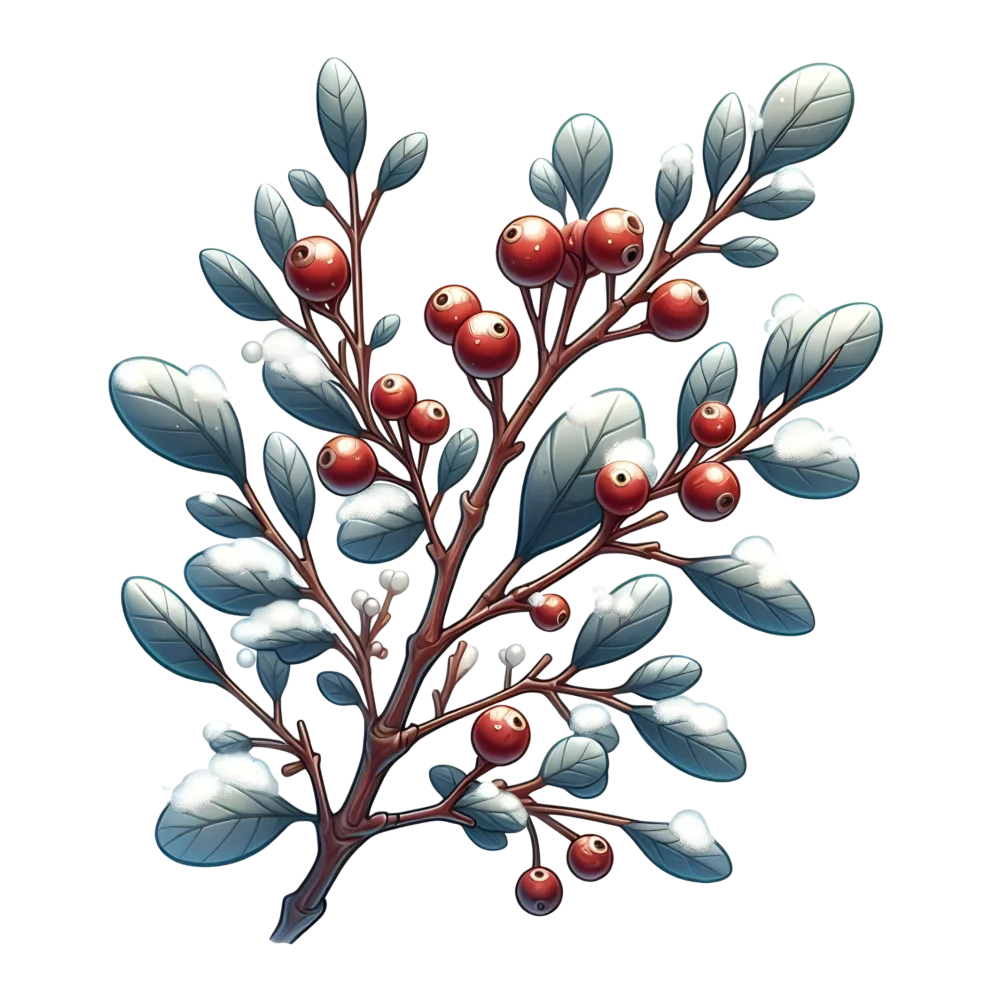 Snow-Covered Branch with Red Berries and Blue Leaves
