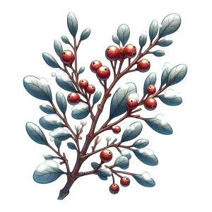 Snow-Covered Branch with Red Berries and Blue Leaves