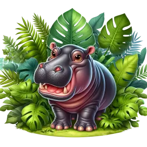 Cute Cartoon Baby Hippo with Tropical Leaves