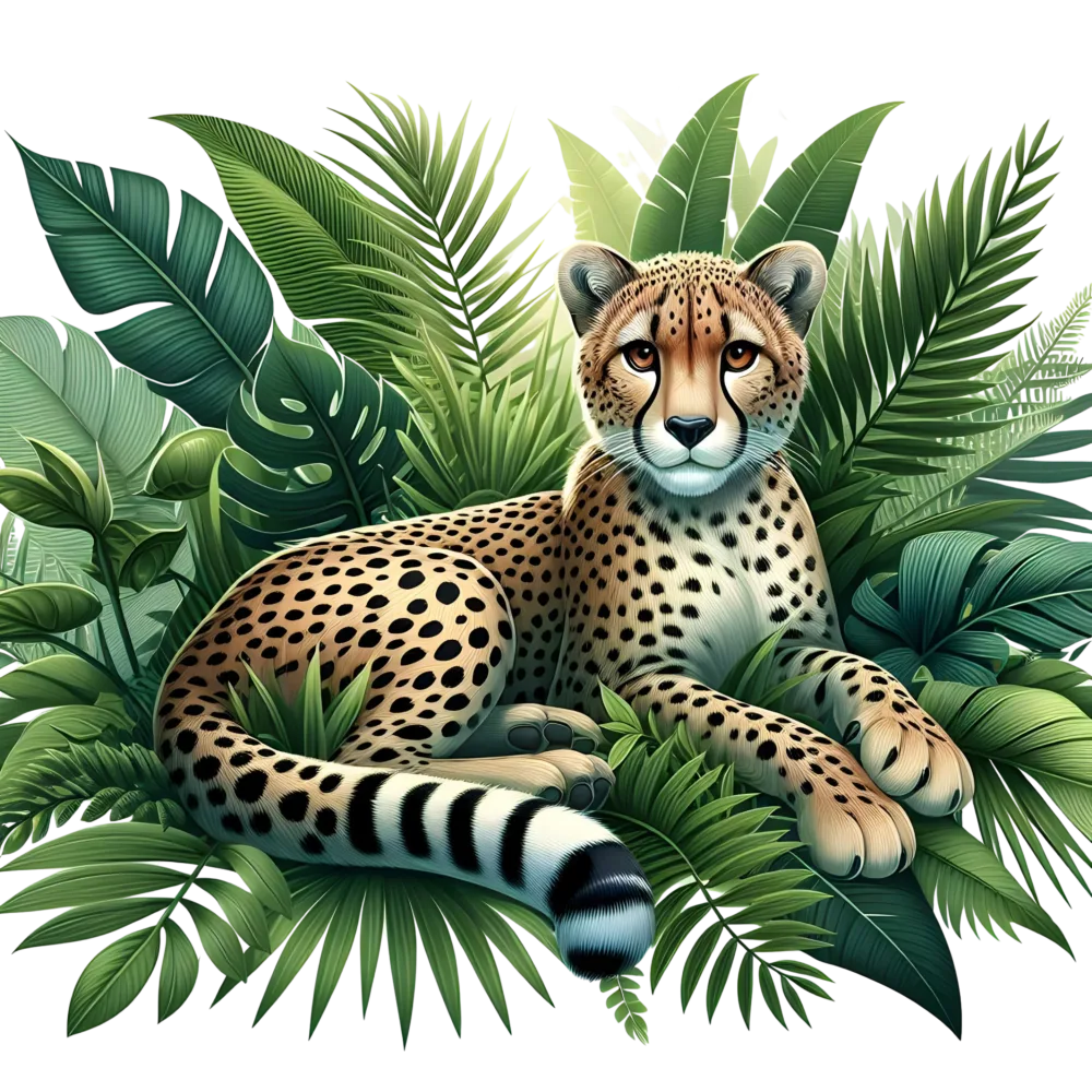 Cheetah Resting Among Tropical Jungle Leaves