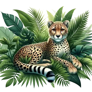 Cheetah Resting Among Tropical Jungle Leaves