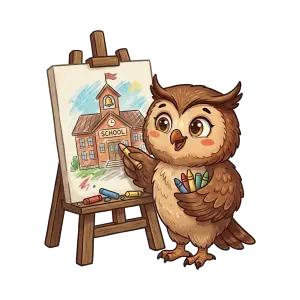 Cute Cartoon Owl Coloring School Painting on Easel