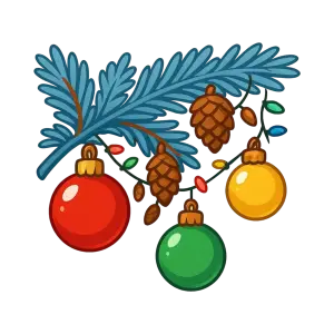 Christmas Pine Branch with Colorful Ornaments and Pine Cones