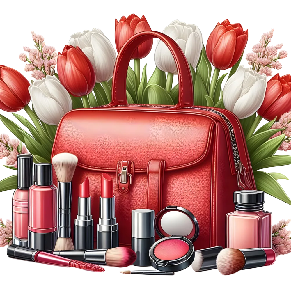 Red Leather Handbag with Makeup Kit and Tulip Flowers