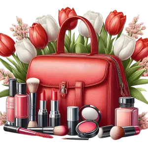 Red Leather Handbag with Makeup Kit and Tulip Flowers