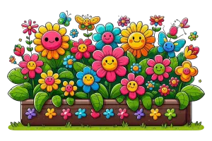 Colorful Happy Flowers in a Garden Planter with Butterflies
