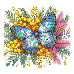 Colorful butterfly on yellow mimosa and pink feather bouquet