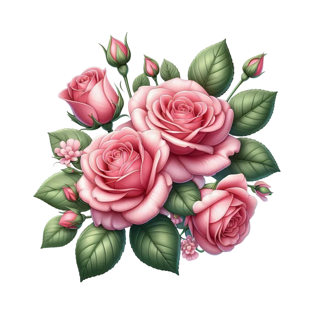 Pink Rose Bouquet with Green Leaves Illustration
