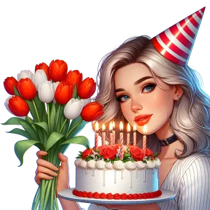 Young Woman with Birthday Cake and Tulips in Party Hat