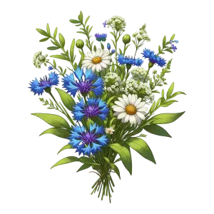 Bouquet of Blue Cornflowers and White Daisies with Green Leaves