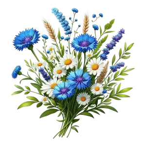 Bouquet of Blue Cornflowers, Daisies, and Greenery