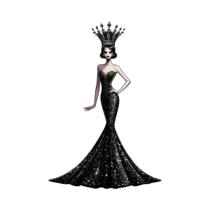 Elegant Fashion Illustration of Woman in Sparkling Black Gown with Crown