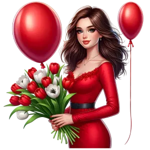 Woman in Red Dress Holding Tulip Bouquet with Red Balloons