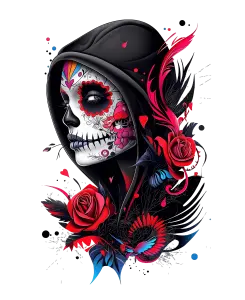 Day of the Dead Hooded Woman with Floral and Bird Design