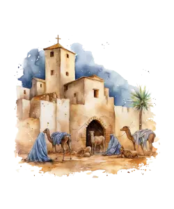 Watercolor Nativity Scene with Camels and Desert Village