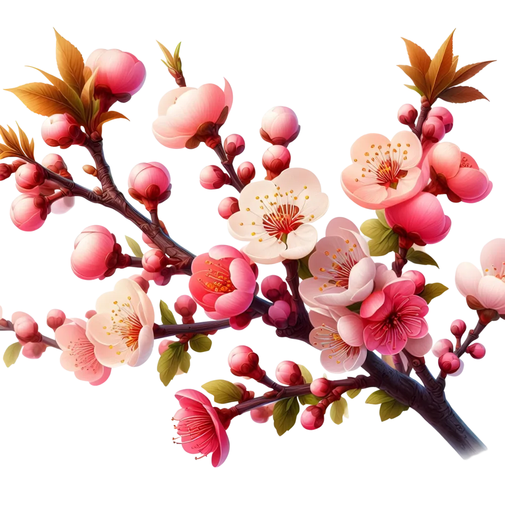 Branch of Pink and White Cherry Blossoms with Leaves