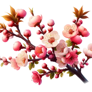 Branch of Pink and White Cherry Blossoms with Leaves