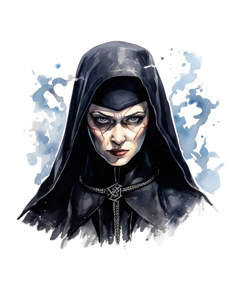 Dark Hooded Woman with Intense Gaze and Mystical Aura