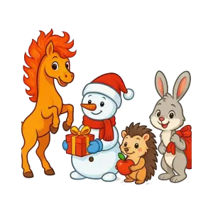 Cute Cartoon Winter Animals and Snowman with Gifts