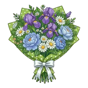 Bouquet of Purple Irises, Blue Peonies, and White Daisies Wrapped in Green Polka Dot Paper