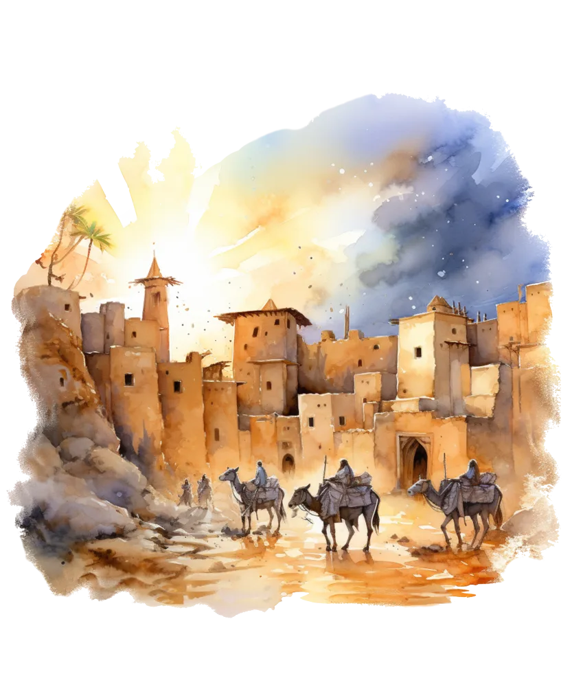 Ancient Desert Village with Camel Riders at Sunset