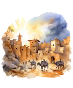 Ancient Desert Village with Camel Riders at Sunset