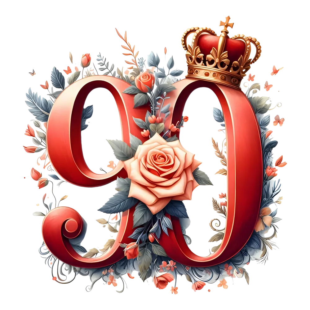 Elegant Number 90 with Crown and Floral Decoration