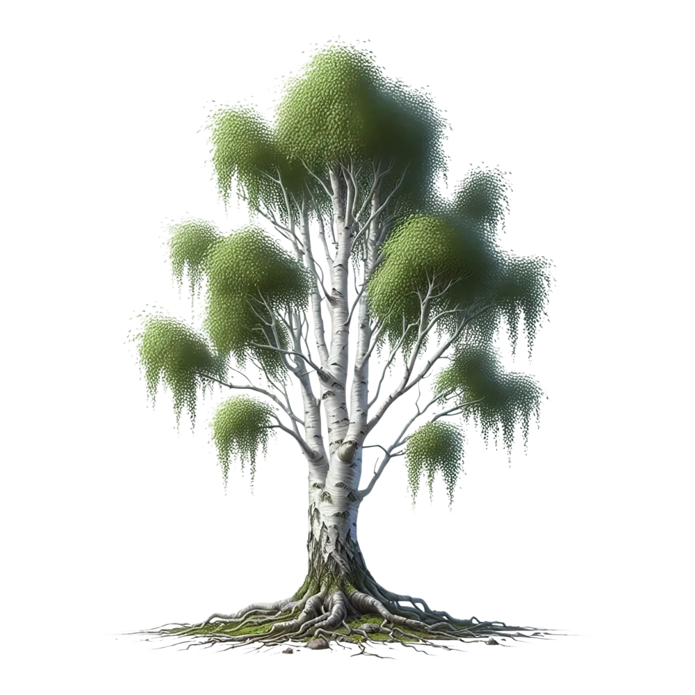 Birch Tree with Prominent Roots and Green Leaves