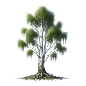 Birch Tree with Prominent Roots and Green Leaves