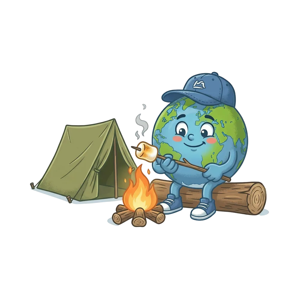 Cartoon Earth Roasting Marshmallow by Campfire