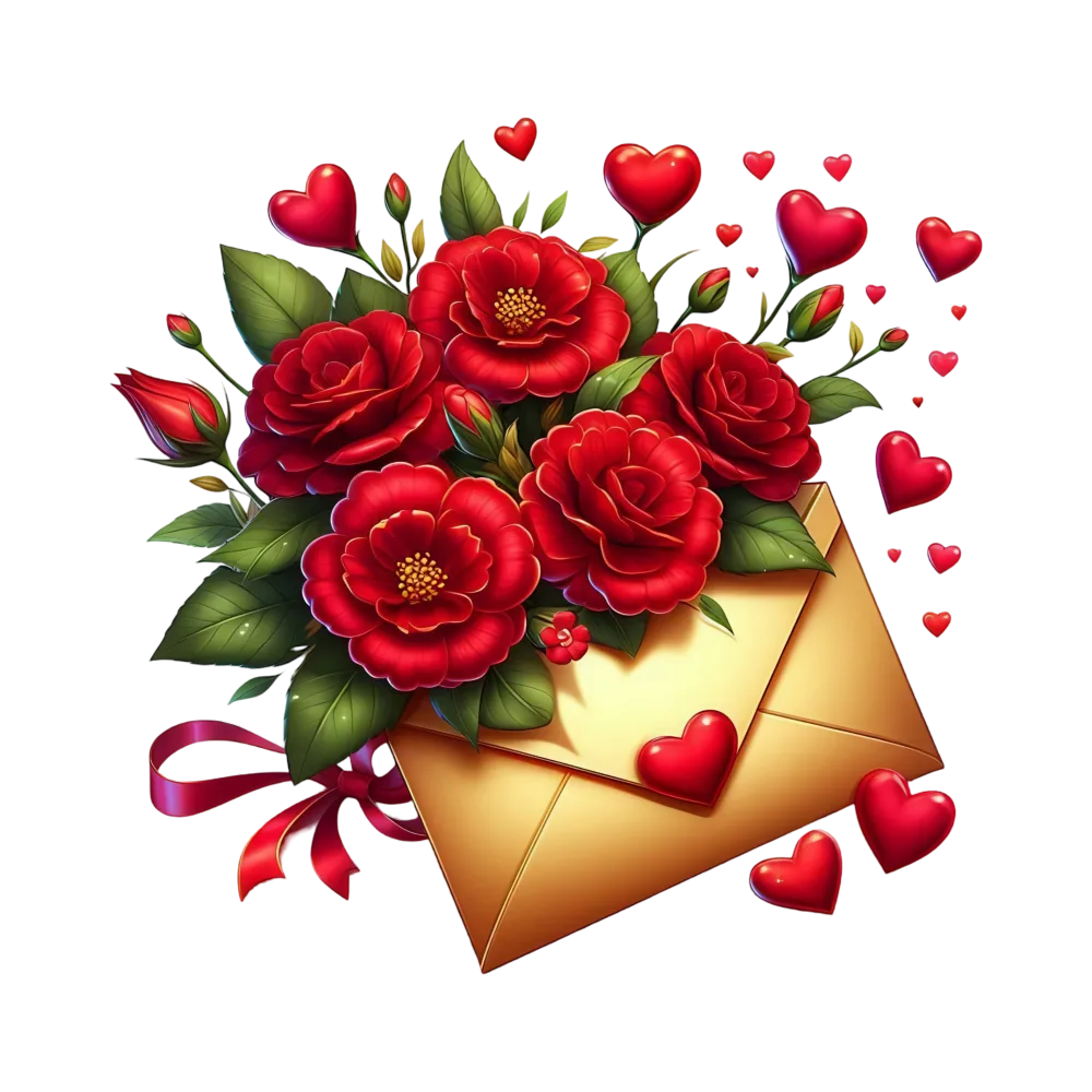 Golden Envelope with Red Roses and Floating Hearts