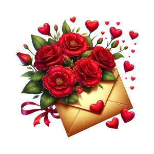 Golden Envelope with Red Roses and Floating Hearts