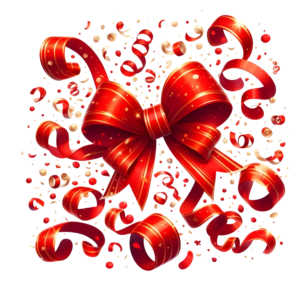 Festive Red Ribbon Bow with Confetti