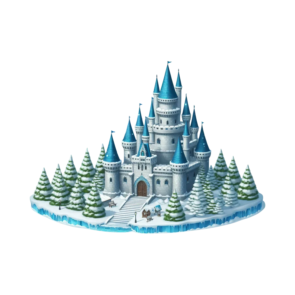 Winter Snow Castle with Blue Turrets and Pine Trees